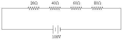 <strong>FIGURE 21-4 A 100 V DC signal is applied to four resistors as shown in Figure 21-4. The values of the resistors are 20 Ω, 40 Ω, 60 Ω, and 80 Ω. What is the voltage across the 40 Ω resistor?</strong> A) 20 V B) 40 V C) 60 V D) 80 V E) 100 V