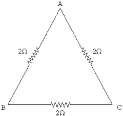 <strong>FIGURE 21-7 Three 2.0-Ω resistors are connected across the sides of an equilateral triangle ABC as shown in Figure 21-7. What is the equivalent resistance between any two points, AB, BC, or AC, of this circuit?</strong> A) 2.0 Ω B) 6.0 Ω C) 4.3 Ω D) 3.3 Ω E) 1.3 Ω