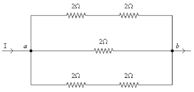 <strong>FIGURE 21-8 Five equal resistors, of value 2.0 Ω each, are connected as shown in Figure 21-8. What is the equivalent resistance of this circuit?</strong> A) 1.0 Ω B) 10.0 Ω C) 2.0 Ω D) 6.0 Ω E) 0.40 Ω