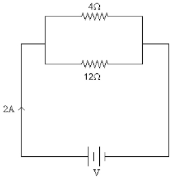 <strong>FIGURE 21-9 A 4.0-Ω resistor is connected in parallel with a 12-Ω resistor and both of these are connected to a DC power supply with voltage V as shown in Figure 21-9. If the total current in this circuit is 2.0 A, what is the current through the 4.0-Ω resistor?</strong> A) 2.0 A B) 2.5 A C) 0.5 A D) 3.0 A E) 1.5 A