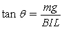 <strong>FIGURE 22-5 A metal bar of mass m and length L is suspended from two conducting wires, as shown in the sketch in Figure 22-5. A uniform magnetic field points vertically downward. Choose the expression that best describes the condition satisfied by the angle θ that the suspending wires make with the vertical when the bar carries a current I.</strong> A) B) C) D) E)