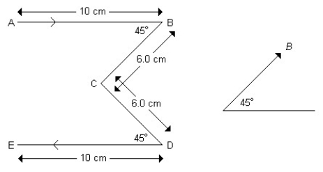 <strong>FIGURE 22-7 A wire in the shape of an M lies in the plane of the paper. It carries a current of 2.0 A, flowing from A to E. It is placed in a uniform magnetic field of 0.55 T in the same plane, directed as shown in Figure 22-7. What is the magnitude and direction of the force acting on section CD of this wire?</strong> A) 0.070 N perpendicular into the page B) 0.40 N perpendicular out of the page C) 0.070 N perpendicular out of the page D) 0.40 N perpendicular into the page E) 0.20 N perpendicular out of the page
