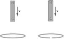 <strong>FIGURE 23-2 The two identical bar magnets in Figure 23-2 are dropped from rest along a vertical line passing through the center of the rings, as shown. The two rings are identical in every respect except that the ring on the right has a small break in it. Calling a<sub>L</sub> and a<sub>R</sub> the magnitude of the downward accelerations of the magnets on the left and right, respectively, you observe that</strong> A) a<sub>L</sub> = a<sub>R</sub>. B) a<sub>L</sub> > a<sub>R</sub>. C) a<sub>L</sub> < a<sub>R</sub>. D) It is not possible to predict the outcome of this experiment with the data given.