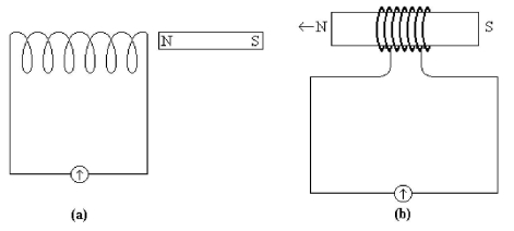 <strong>FIGURE 23-7 A bar magnet with its north pole pointing toward a coil of wire with a cross-sectional area of 0.020 m<sup>2</sup> and seven turns is thrust into the coil as shown in Figure 23-7(b). If the rate of change in the strength of the magnetic field caused by the motion of the bar magnet is 0.040 T/s, what is the direction of the induced emf in the coil of wire (when looking at the end of the coil where the N pole is coming toward you)?</strong> A) counterclockwise B) clockwise C) No emf is induced.