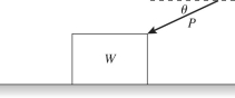 <strong>A push of magnitude P acts on a box of weight W as shown in the figure.The push is directed at an angle θ below the horizontal,and the box remains a rest.The box rests on a horizontal surface that has some friction with the box.The normal force on the box due to the floor is equal to </strong> A)W. B)W + P. C)W + P cos θ. D)W + P sin θ. E)W - P sin θ.
