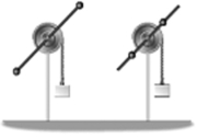 <strong>The rotating systems shown in the figure differ only in that the two identical movable masses are positioned a distance r from the axis of rotation (left),or a distance r/2 from the axis of rotation (right).If you release the hanging blocks simultaneously from rest, </strong> A)the block at the left lands first. B)the block at the right lands first. C)both blocks land at the same time.