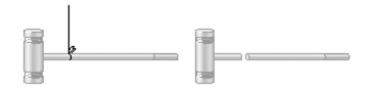 <strong>A croquet mallet balances when suspended from its center of mass,as shown in the left part of the figure.If you cut the mallet into two pieces at its center of mass,as shown in the right part of the figure,how do the masses of the two pieces compare? (There could be more than one correct choice. ) </strong> A)The masses are equal. B)The piece with the head of the mallet has the greater mass. C)The piece with the head of the mallet has the smaller mass. D)It is impossible to tell.