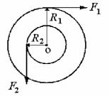 <strong>A uniform solid cylinder of mass 10 kg can rotate about a frictionless axle through its center O,as shown in the cross-sectional view in the figure.A rope wrapped around the outer radius R<sub>1</sub> = 1.0 m exerts a force of magnitude F<sub>1</sub> = 5.0 N to the right.A second rope wrapped around another section of radius R<sub>2</sub> = 0.50 m exerts a force of magnitude F<sub>2</sub> = 6.0 N downward.How many radians does the cylinder rotate through in the first 5.0 seconds,if it starts from rest? </strong> A)13 rad B)7.5 rad C)5.0 rad D)10 rad