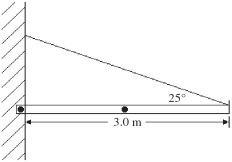 <strong>A store's sign has a mass of 20 kg and is 3.0 m long.It is uniform,so its center of gravity is at the center of the sign.It is supported horizontally by a small loose bolt attached to the wall at one end and by a wire at the other end,as shown in the figure.What is the tension in the wire? </strong> A)460 N B)230 N C)120 N D)200 N E)300 N