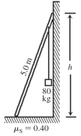 <strong>A 40-kg uniform ladder that is 5.0 m long is placed against a smooth wall at a height of h = 4.0 m,as shown in the figure.The base of the ladder rests on a rough horizontal surface whose coefficient of static friction with the ladder is 0.40.An 80-kg bucket is suspended from the top rung of the ladder,just at the wall.What is the magnitude of the force that the ladder exerts on the wall? </strong> A)740 N B)1,300 N C)980 N D)900 N E)1,100 N