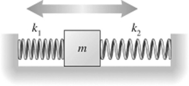 <strong>A 2.0-kg block on a frictionless table is connected to two springs whose opposite ends are fixed to walls,as shown in the figure.The springs have force constants (spring constants)k<sub>1</sub> and k<sub>2</sub>.What is the oscillation angular frequency of the block if k<sub>1 </sub>=7.6 N/ m And k<sub>2</sub>=5.0 N/m? </strong> A)2.5 rad/s B)3.5 rad/s C)0.40 rad/s D)0.56 rad/s