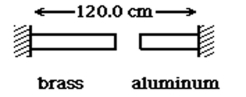 <strong>A brass rod is 69.5 cm long and an aluminum rod is 49.3 cm long when both rods are at an initial temperature of 0° C.The rods are placed in line with a gap of 1.2 cm between them,as shown in the figure.The distance between the far ends of the rods is maintained at 120.0 cm throughout.The temperature of both rods is raised equally until they are barely in contact.At what temperature does contact occur? The coefficients of linear expansion of brass and aluminum are 2.0 × 10<sup>-5</sup> K<sup>-1</sup> (brass)and 2.4 × 10<sup>-5</sup> K<sup>-1</sup> (aluminum). </strong> A)470°C B)440°C C)420°C D)490°C E)510°C