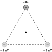 <strong>The three point charges shown in the figure form an equilateral triangle with sides 4.9 cm long.What is the electric potential (relative to infinity)at the point indicated with the dot,which is equidistant from all three charges? Assume that the numbers in the figure are all accurate to two significant figures. </strong> A)0.00 V B)1,300 V C)640 V D)1,900 V