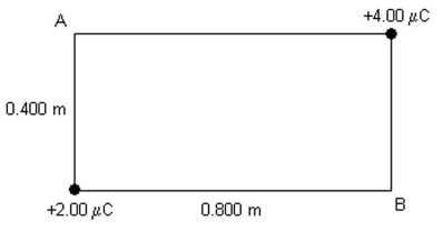 <strong>Point charges +4.00 μC and +2.00 μC are placed at the opposite corners of a rectangle as shown in the figure.What is the potential difference V<sub>A</sub> - V<sub>B</sub>? (k = 1/4πε<sub>0</sub> = 8.99 × 10<sup>9</sup> N ∙ m<sup>2</sup>/C<sup>2</sup>) </strong> A)+203 kV B)-203 kV C)-22.5 kV D)+22.5 kV E)0.00 kV