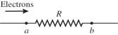 <strong>The figure shows electrons passing through a resistor.The arrow shows the direction in which the electrons are moving.Which of the following statements are correct? (There could be more than one correct choice. ) </strong> A)The electrons are moving slower at point b than at point a. B)The electric potential is higher at point b than at point a. C)The electric potential is lower at point b than at point a. D)The electrons are losing electric potential energy as they move through the resistor from a to b. E)The speed of the electrons at point b is the same as it is at point a.