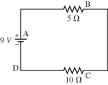 <strong>A 9-V battery is hooked up to two resistors in series.One has a resistance of 5 Ω,and the other has a resistance of 10 Ω.Several locations along the circuit are marked with letters,as shown in the figure.Through which resistor is energy being dissipated at the higher rate? </strong> A)the 10-Ω resistor B)the 5-Ω resistor C)Energy is being dissipated by both resistors at the same rate.