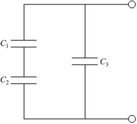 Three capacitors of equal capacitance are arranged as shown in the figure,with a voltage source across the combination.If the voltage drop across C<sub>1</sub> is 10.0 V What is the voltage drop across C<sub>3</sub> ?