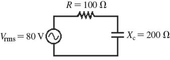 <strong>As shown in the figure,an ac source whose rms voltage is 80 V is in series with a 100-Ω resistor and a capacitor whose reactance is 200 Ω at the frequency of the source.What is the rms voltage across the capacitor? </strong> A)66 V B)68 V C)70 V D)72 V E)74 V