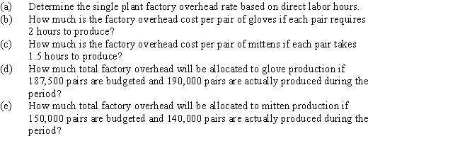 Kettle Factory produces two similar products - gloves and mittens.The total plant budget is $1,050,000 with 600,000 estimated direct labor hours.It is further estimated that glove production will require 375,000 direct labor hours and mitten production will require 225,000 direct labor hours.