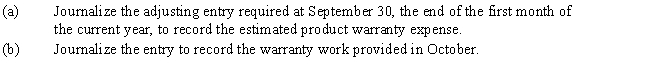 Nelson Industries warrants its products for one year.The estimated product warranty is 4.3% of sales.Sales were $475,000 for September.In October,a customer received warranty repairs requiring $215 of parts and $65 of labor. 