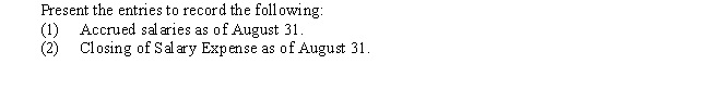 Prior to adjustment at August 31,Salary Expense has a debit balance of $298,500.Salaries owed but not paid as of the same date total $4,200.