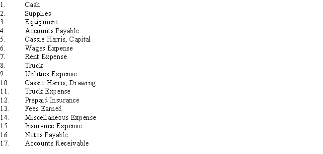 On January 1,Cassie Harris established a catering service.Listed below are accounts she would like to open in the general ledger.List the accounts in the order in which they should appear in the ledger and propose a two-digit account numbering scheme that is consistent with the rules of a proper chart of accounts.