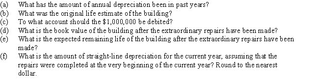 A number of major structural repairs completed at the beginning of the current fiscal year at a cost of $1,000,000 are expected to extend the life of a building 10 years beyond the original estimate.The original cost of the building was $6,552,000,and it has been depreciated by the straight-line method for 25 years.Estimated residual value is negligible and has been ignored.The related accumulated depreciation account after the depreciation adjustment at the end of the preceding fiscal year is $4,550,000.