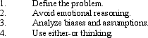 <strong>Which of the following are essential guidelines for thinking critically? </strong> A) 1 only B) 1 and 3 only C) 1, 2, and 3 only D) 1, 2, 3, and 4