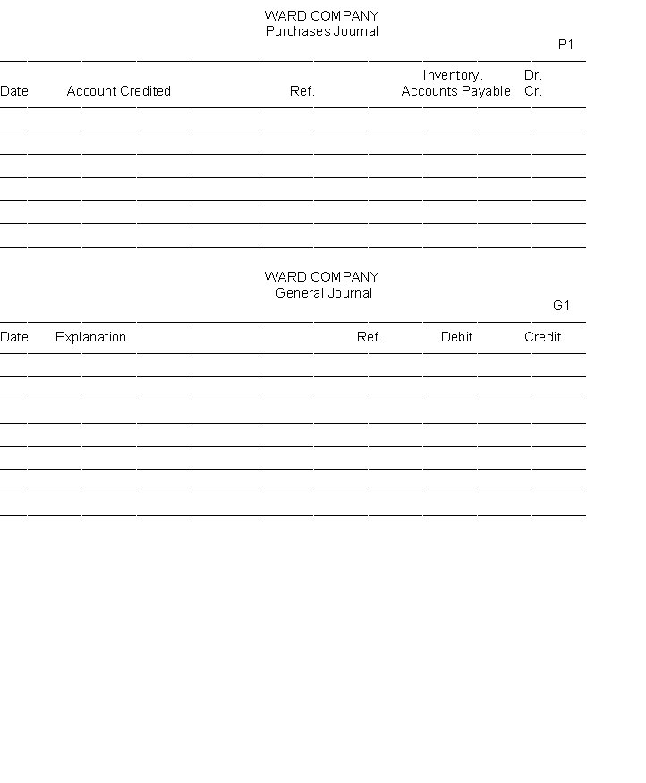 Ward Company uses a single-column purchases journal, a cash payments journal, and a general journal to record transactions with its suppliers and others. Record the following transactions in the appropriate journals. Transactions