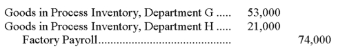 If Department G uses $53,000 of direct labor and Department H uses $21,000 of direct labor, the following journal entry would be recorded using a process cost accounting system:  <div style=padding-top: 35px> 