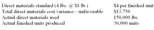 <strong>Kyle, Inc. has collected the following data on one of its products. The actual cost of the direct materials used is:  </strong> A) $133,750. B) $150,000. C) $106,250. D) $158,750. E) $120,000. <div style=padding-top: 35px> 
