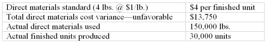 <strong>Kyle, Inc. has collected the following data on one of its products. The direct materials price variance is:  </strong> A) $13,750 unfavorable. B) $16,250 unfavorable. C) $16,250 favorable. D) $30,000 unfavorable. E) $33,000 favorablE. <div style=padding-top: 35px> 