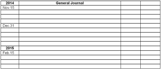Exporting transactions-journal entries Jung Farms exports wheat to Germany.In the space provided below,prepare journal entries to record the following events. Nov.15,2014: Sold wheat to a German restaurant chain at a price of 2 million euros,due in 90 days.The current exchange rate is $0.80 U.S.dollars per euro.(Jung uses the periodic inventory method.) Dec.31,2014: Jung made a year-end adjusting entry relating to the account receivable from the German restaurant chain.The exchange rate at year-end is $0.85 U.S.dollars per Euro. Feb.15,2015: Received a check for $1,640,000 from the InterContinental Bank in full settlement of the receivable from the German restaurant chain.The exchange rate at this date is $0.82 U.S.dollars per euro.