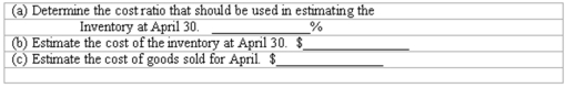 Retail method Omega Signs uses the retail method to estimate ending inventory in its monthly financial statements.The following information is available for the month ended April 30: Using the retail method: