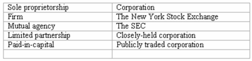 Listed below are several accounting terms introduced in this section. Each of the following statements may (or may not)describe one of these accounting terms.In the space provided,indicate the term described,or enter none if the statement does not correctly describe any of the terms. _________(A.)An unincorporated business owned by one person. _________(B.)An example of an organized securities market. _________(C.)The right of each partner to negotiate binding contracts. _________(D.)The total earnings of a corporation less dividends paid out. _________(E.)Investments by the owners of a corporation. _________(F.)A partnership where one or more partners are not personally liable for the debts of the partnership. _________(G.)An organization that serves the professional needs of a CPA. _________(H.)A business that is responsible for its own debts and which pays income taxes on its earnings. _________(I.)An unincorporated business owned by two or more people. _________(J.)A corporation whose shares are not publicly traded.