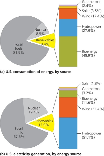 <strong> Use the figure above to answer the following question The smallest amount of electricity generation is from ______________.</strong> A) solar B) hydropower C) wind D) geothermal E) bioenergy