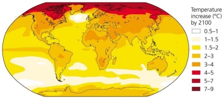 <strong> Use the figure above to answer the following question. The region of the planet that will see the smallest rises in temperature is _________________</strong> A) oceans B) the Antarctic C) islands D) Asia/Australia E) the Arctic