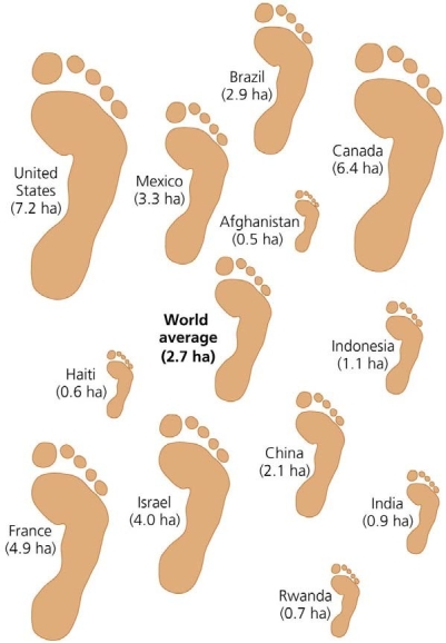 <strong> Use the figure above to answer the following question The worldʹs average footprint per person is about 2.7 hectares per person. At that size, we are depleting our renewable resources 30% faster than they can replenish. The U.S. average footprint is 9.4 hectares, which is times larger than the average world footprint.</strong> A) 5 B) 3.5 C) 2.5 D) 2 E) 6.7