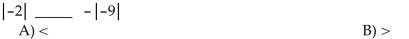 Write the appropriate symbol, either < or >, between the two integers.