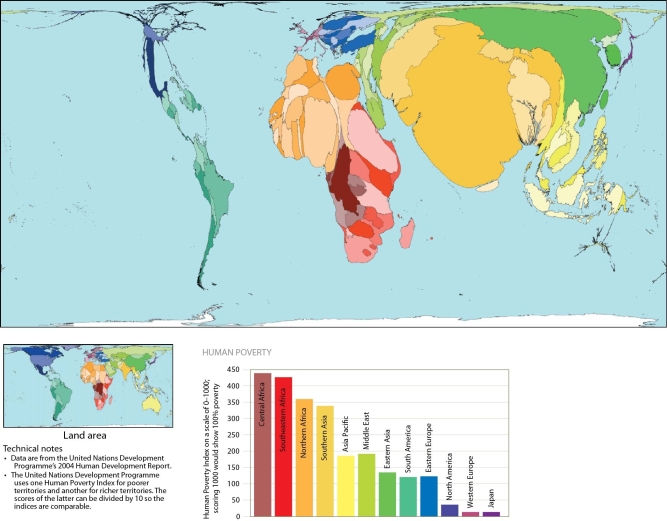 <strong> Examine the map in this figure and identify which of the following regions represent the lowest combined levels of poverty?</strong> A)North and South America B)Southeast Asia and the Middle East C)Central,southern,and northern Africa D)Asia Pacific and eastern Asia