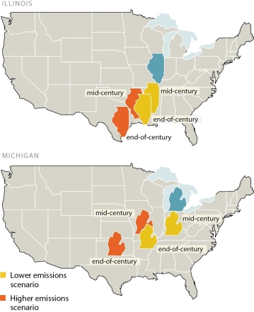 <strong> According to the latest government predictions shown in the figure above,in 40 years the Chicago,Illinois,climate will change to be most like the current climate in</strong> A)St.Louis,Missouri. B)Lincoln,Nebraska. C)Cincinnati,Ohio. D)Iowa City,Iowa.