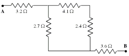 <strong>Five resistors are connected as shown in the diagram.The potential difference between points A and B is 15 V. What is the current in the 2.7- resistor?</strong> A)12 A B)0.8 A C)2.2 A D)0.4 A E)1.2 A