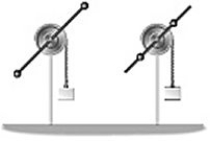 <strong>The rotating systems shown in the figure differ only in that the two identical movable masses are positioned a distance r from the axis of rotation (left),or a distance r/2 from the axis of rotation (right).You release the hanging blocks simultaneously from rest,and call t<sub>L</sub> the time taken by the block on the left and t<sub>R</sub> the time taken by the block on the right to reach the bottom,respectively.The bar,pulley,and rope have negligible mass,the rope does not slip,and there is no friction in the axle of the pulley.Under these conditions </strong> A) t<sub>L</sub> = t<sub>R</sub>. B) t<sub>L</sub> = t<sub>R</sub>. C) t<sub>L</sub> = t<sub>R</sub>. D) t<sub>L</sub> = 2t<sub>R</sub>. E) t<sub>l</sub> = 4t<sub>R</sub>.