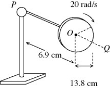<strong>In the figure,the rotor of a gyroscope is a uniform disk that has a radius of 13.8 cm and a moment of inertia about its axis of .The length of the rotor shaft is 6.9 cm.The ball pivot at P is frictionless.At a given instant,the rotor shaft is horizontal and the rotor is rotating with an angular velocity of 90 rad/s about its axis OP,as shown.The rotor is viewed from point Q on the axis.The precessional linear velocity of point O,including the direction seen from point Q,is closest to </strong> A) 0.054 m/s, leftward. B) 0.054 m/s, upward. C) 0.054 m/s, rightward. D) 0.11 m/s, downward. E) 0.11 m/s, rightward.