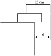 <strong>A child is trying to stack two uniform wooden blocks,12 cm in length,so they will protrude as much as possible over the edge of a table,without tipping over,as shown in the figure.What is the maximum possible overhang distance d? </strong> A) 5 cm B) 6 cm C) 7 cm D) 8 cm E) 9 cm