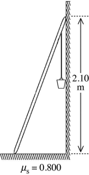 <strong>A 10.0-kg uniform ladder that is 2.50 m long is placed against a smooth vertical wall and reaches to a height of 2.10 m,as shown in the figure.The base of the ladder rests on a rough horizontal floor whose coefficient of static friction with the ladder is 0.800.An 80.0-kg bucket of concrete is suspended from the top rung of the ladder,right next to the wall,as shown in the figure.What is the magnitude of the friction force that the floor exerts on the ladder? </strong> A) 538 N B) 706 N C) 1290 N D) 833 N E) 601 N