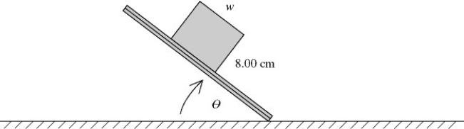 <strong>A solid uniform brick is placed on a sheet of wood.When one end of the sheet is raised (see figure),you observe that the maximum that the angle θ can be without tipping over the brick is 49.6°.There is enough friction to prevent the brick from sliding.What is the width w of the brick? </strong> A) 5.18 cm B) 6.09 cm C) 6.81 cm D) 9.40 cm E) 10.5 cm