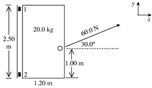 A 20.0-kg uniform door has a width of 1.20 m and a height of 2.50 m.The door is mounted on a post by a pair of hinges,marked 1 and 2 in the figure,at the top and bottom of the door.An external force of 60.0 N,at an angle of 30.0° above the horizontal,is applied to the small doorknob,as shown in the figure.The doorknob is 1.00 m above the bottom of the door. (a)Find the x component of the force that hinge 1 exerts on the door at the top. (b)Find the SUM of the y components of the forces that hinges 1 and 2 together exert on the door.