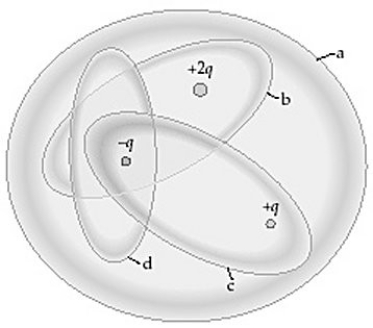 The figure shows four Gaussian surfaces surrounding a distribution of charges.   (a)Which Gaussian surfaces have an electric flux of +q/ε<sub>0</sub> through them? (b)Which Gaussian surfaces have no electric flux through them?<div style=padding-top: 35px> 