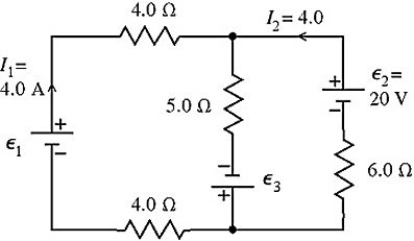 Consider the circuit shown in the figure.Note that two currents are shown.Calculate the emfs ε<sub>1</sub> and ε<sub>3</sub>.